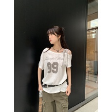 批发韩系数字<b class='q'>印花</b>斜肩绑带拼接设计感上衣T恤女春夏季新款