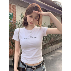 批发韩式复古辣妹风<b class='q'>短袖</b>女夏季短T露脐短款小个子高弹力上衣内搭百搭