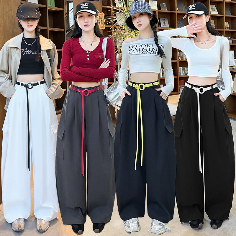 美式阔腿腰带工装裤2025秋季新款休闲裤女新款高腰宽松垂感弯刀裤