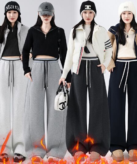 배색 허리 머리 펌프 로프 웨이 바지 여성 2025 뮤 겨울 플러시 겨울 새로운 털이 있는 모통이 칼 바지 넓은 다리 캐주얼 긴 바지