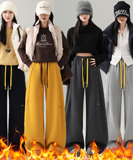 아메리칸 캐주얼 바나나 운동 바지 여성 겨울 2025 새로운 웨이 바지 모통이 칼 바지 하이웨이스트 와이드 레그 팬츠 어린이 털이 있는 섹션