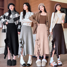 批发实拍花朵瓣开叉针织裙半身裙女秋季2025秋冬<b class='q'>新款</b>中长裙高腰A字裙