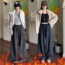 批发毛呢格子阔腿裤女2025冬季新款高腰直筒宽松休闲慵懒风加绒裤子