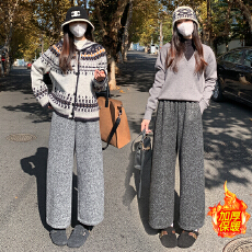 批发复古雪花绒加绒毛呢阔腿裤女冬保暖显瘦九分加厚弯刀裤韩风奶奶裤