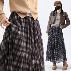 批发秋季新款复古格纹网纱不规则半身裙显瘦垂感层次中长款A字长裙