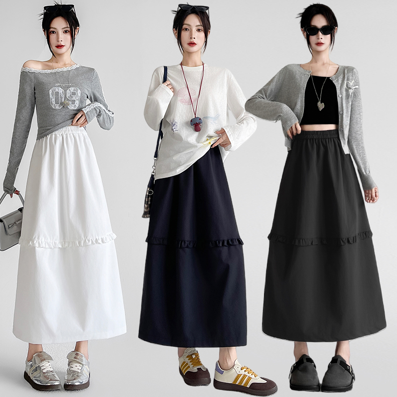 韩系复古花边设计显瘦花苞半身裙女2025秋季新款松紧腰百搭中长裙