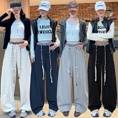 批发实拍春秋新款拼接<b class='q'>格子</b>松紧腰系带宽松显瘦弯刀<b class='q'>裤</b>阔腿休闲卫<b class='q'>裤</b>