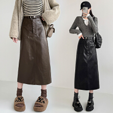 批发实拍 2026春秋高腰显瘦中长款<b class='q'>包臀</b>开叉洗水皮<b class='q'>半身</b>一步<b class='q'>长裙</b> 送腰带