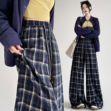 批发复古格子休闲裤女2026春秋束脚宽松慵懒风阔腿裤拖地弯刀休闲裤女