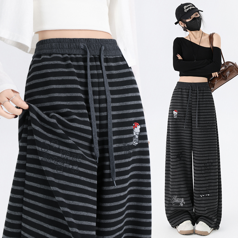 卡通刺绣条纹休闲裤女2026春季新款显瘦慵懒风百搭抽绳直筒长裤