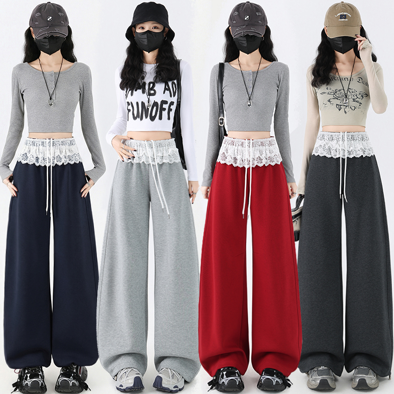 2026春季现款抽绳拼接蕾丝腰围休闲裤女宽松显瘦弯刀阔腿直筒裤