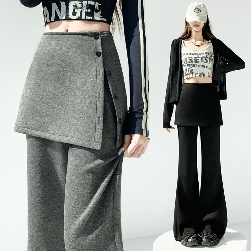 实拍灰色假两件屁帘微喇裤女2026春季新款高腰显瘦休闲拖地喇叭裤
