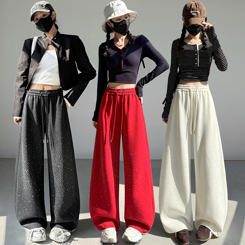 实拍春秋新款重工烫钻时尚两穿弯刀裤休闲阔腿裤运动卫裤香蕉裤女