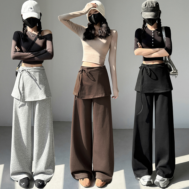 MY17706# 韩系新款屁帘卫裤女春秋假两件裙裤直筒裤阔腿裤两穿休闲长裤女裝貨源服裝批發