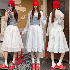批发实拍韩系温柔气质蕾丝花边<b class='q'>百搭</b>拼接松紧腰显瘦纯色A字中裙半身裙
