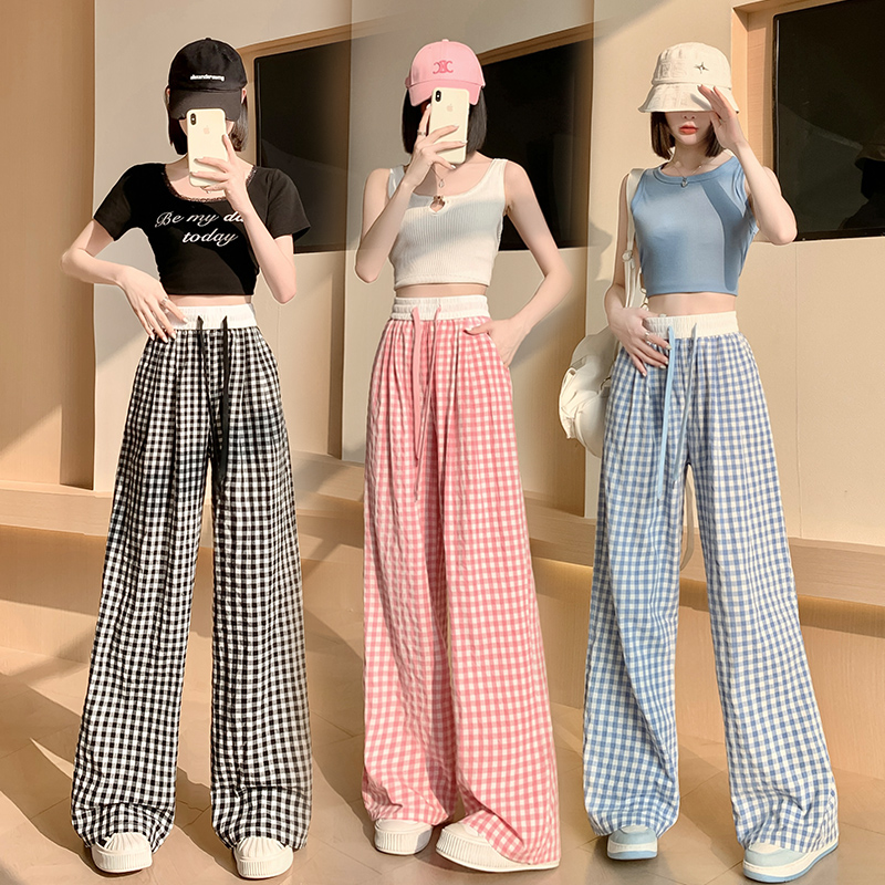 RY666# 实拍薄款高腰女格子黑白阔腿裤休闲松紧拖地长裤复古宽松百搭垂感