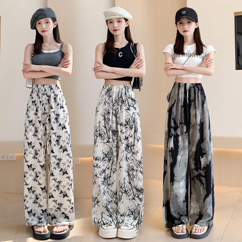 RY692# 实拍松紧高腰水墨画宽松休闲裤女2026夏季薄款垂感直筒防晒阔腿裤