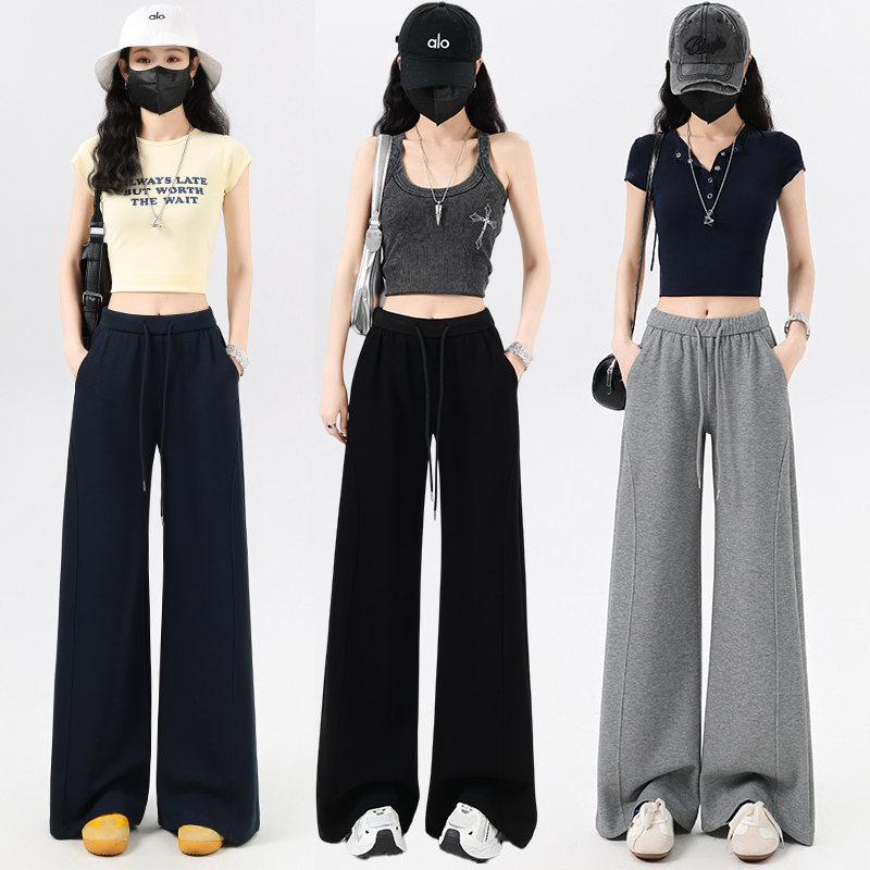 抽绳纯色微喇直筒休闲裤女2026夏季新款韩系时尚百搭显瘦小众长裤