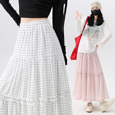 批发甜美少女粉色波点木耳花边半身裙女<b class='q'>春</b>款高腰A字蛋糕裙中长款伞裙