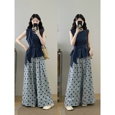 批发实拍法式复古松弛感背心套装无袖遮肚上衣波点阔腿裤两件套