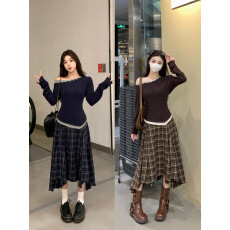 批发实拍大码女装拼接显瘦上衣+<b class='q'>不规则</b>格子<b class='q'>半身裙</b>胖妹妹新款套装