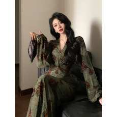 批发实拍大码女装秋复古水墨<b class='q'>印花</b><b class='q'>连衣裙</b>性感收腰显瘦气质鱼尾长裙