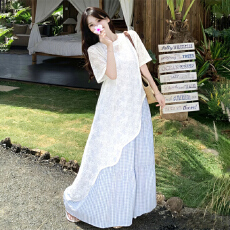 批发实拍大码夏季蕾丝罩衫格子吊带连衣裙套装女新款<b class='q'>甜美</b>胖妹妹两件套