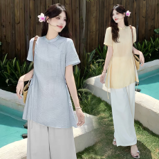 批发实拍<b class='q'>大码</b>女装爆款国风盘扣衬衫女新款短袖夏季中式<b class='q'>胖妹妹</b>收腰套装