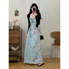 批发220#实拍大码女装油画色蝴蝶夏胖妹妹吊带裙两件套法式小众裙子女