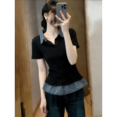 批发实拍大码夏季新款学院风假两件polo领短袖正肩显瘦百搭拼接上衣