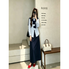 批发实拍韩系撞色披肩条纹衬衫半身裙三件套女<b class='q'>春</b>秋2026新款气质一整套