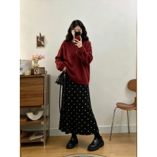 批发实拍新款毛衣套装宽松大码女装外穿上衣波点<b class='q'>半身裙</b>两件套慵懒风