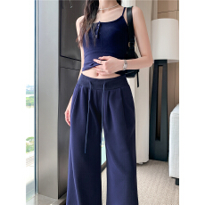 批发实拍2025夏季新款U领牛骨扣工字背心吊带阔腿拖地运动长裤女套装