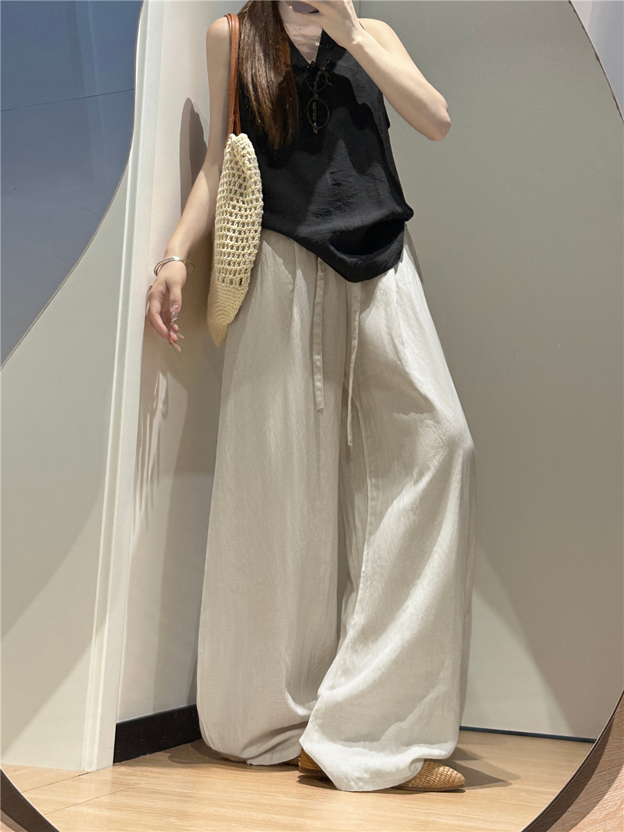 实拍莱赛尔天丝亚麻阔腿裤女夏季薄款宽松休闲垂感防晒弯刀棉麻裤