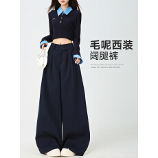 批发实拍秋冬新款休闲垂感毛呢西装裤高腰遮胯显瘦保暖阔腿裤直筒长裤
