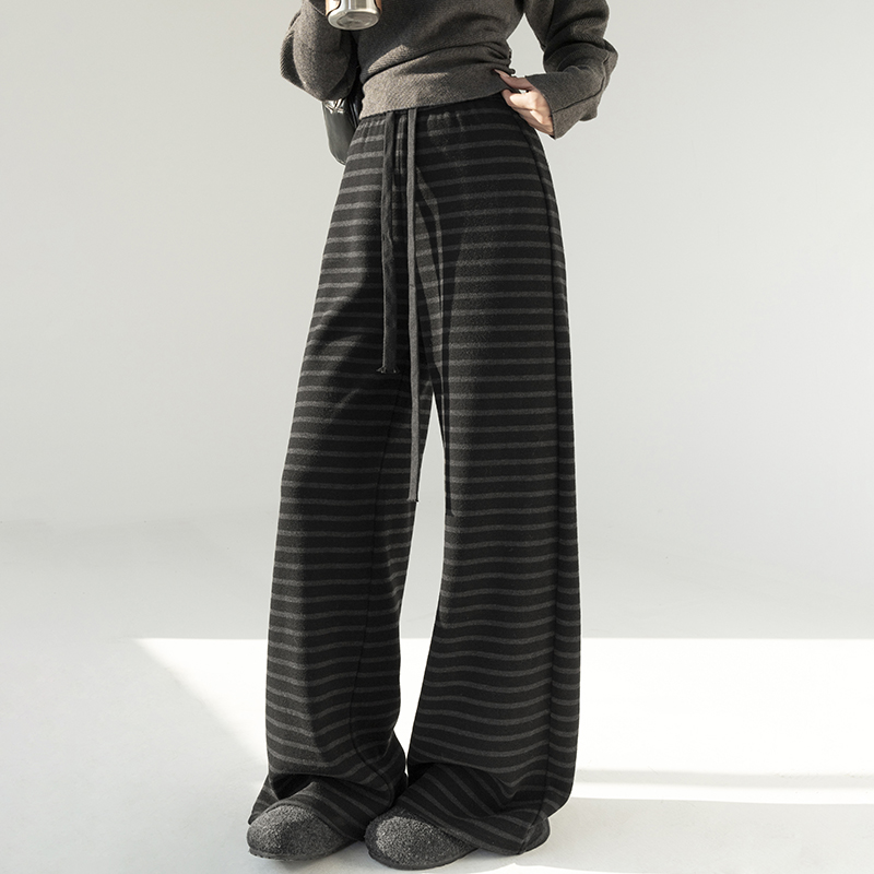 实拍美式加绒黑色条纹休闲裤女2025秋冬季松紧腰针织阔腿运动裤子