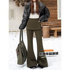 批发实拍韩系假两件屁帘微喇<b class='q'>裤</b>女秋冬新款排扣高腰显瘦拖地咖色喇叭<b class='q'>裤</b>