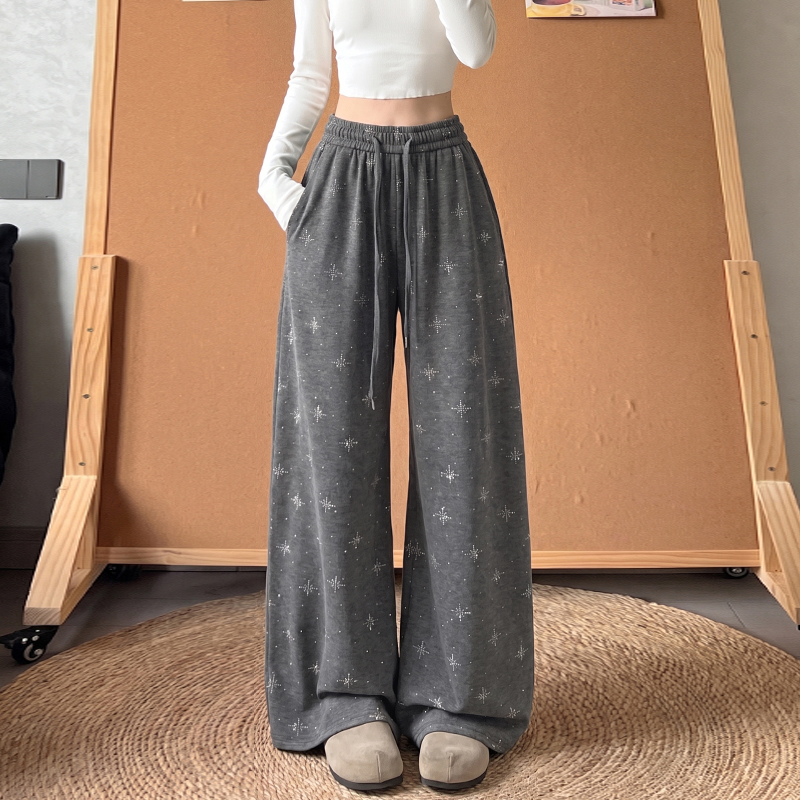 实拍秋冬新款慵懒风深灰色刺绣亮片阔腿裤女高腰小个子垂感休闲裤