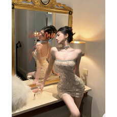 批发【人鱼珠】法式气质名媛性感重工亮片连衣裙
