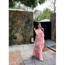 批发海边度假粉色蕾丝拼接吊带连衣裙小个子法式<b class='q'>甜美</b>风蛋糕裙短裙春夏