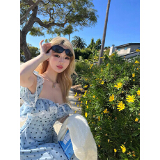 批发Xinlei Lin Venice海滩 法式复古晕染<b class='q'>波点</b>蕾丝雪纺印花吊带<b class='q'>连衣裙</b>