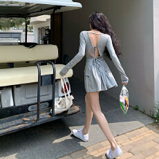 批发慵懒风V领后背绑带薄款长袖T恤+高腰裙裤两件套防晒套装