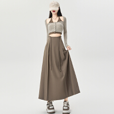 批发灰色<b class='q'>西装</b>半身裙女秋季系带设计感垂感显瘦高腰小个子a字长裙