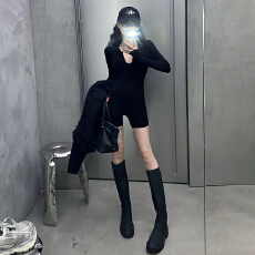 批发欧美辣妹风紧身显瘦连体短裤深V<b class='q'>长袖</b>黑色运动短裤连体衣