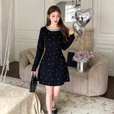 批发2025高品质重工水钻满天星毛衣针织打底年会聚会礼服小黑<b class='q'>裙</b>