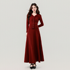 批发木耳边长款显瘦针织两件<b class='q'>套装</b>裙2025秋冬新款精致优雅小女人