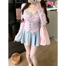 批发原版布料 叠穿纯欲花边<b class='q'>吊带</b>针织开衫套装女2025春秋新款