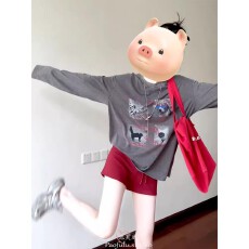 批发早秋新款学院风套装女美式复古趣味<b class='q'>印花</b>长袖t恤打底衫短裤两件套