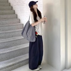 批发藏青色天丝亚麻阔腿裤女<b class='q'>春</b>秋夏小个子宽松bf慵懒风休闲棉麻弯刀裤