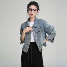 批发复古水洗蓝<b class='q'>牛仔</b>外套女春秋2025春季新款POLO领<b class='q'>牛仔</b><b class='q'>褂</b>夹克短款上衣